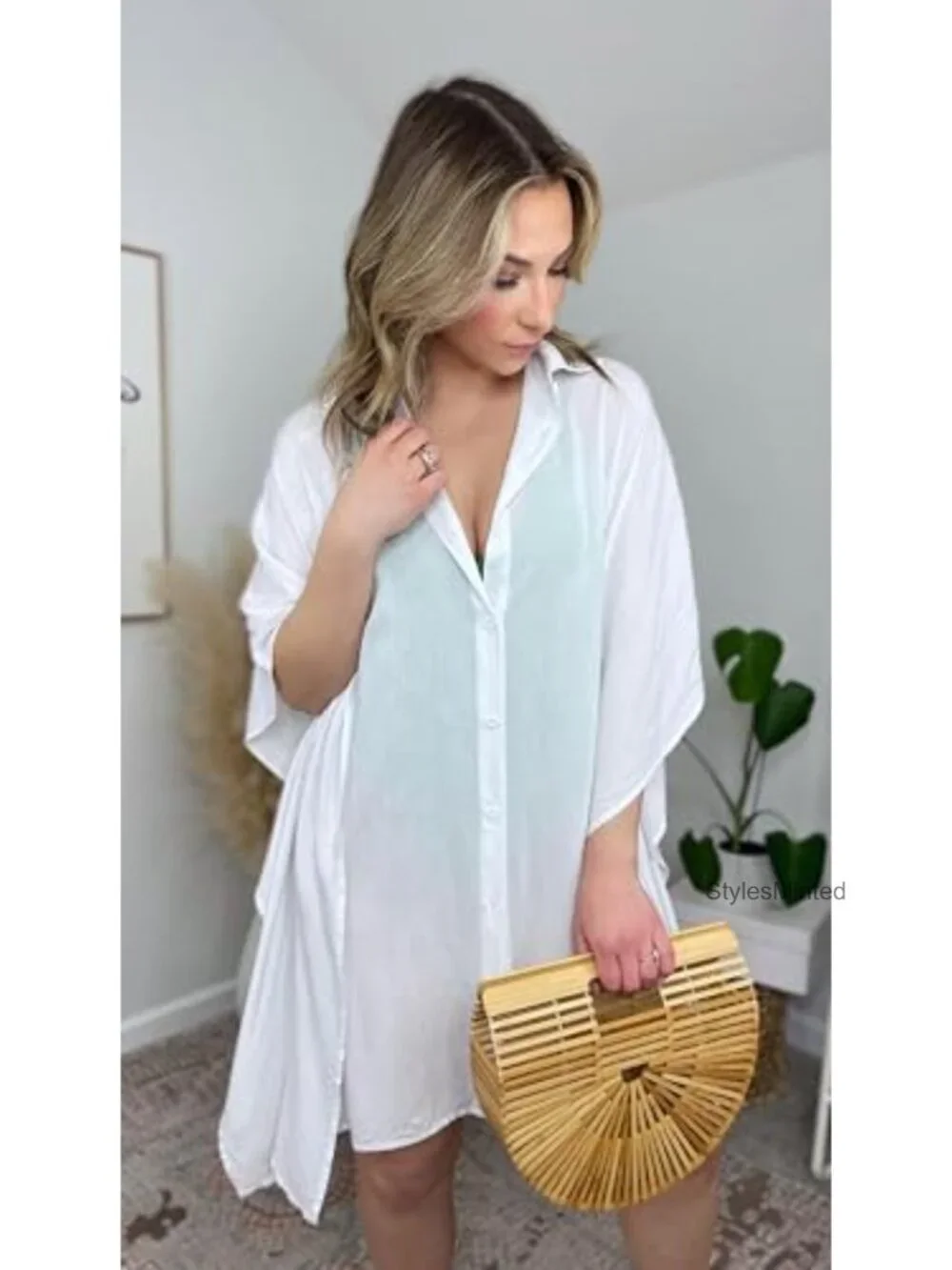 Women's Swimsuit Cover Up 3/4 Sleeve Button Down Beachwear Oversized Shirt